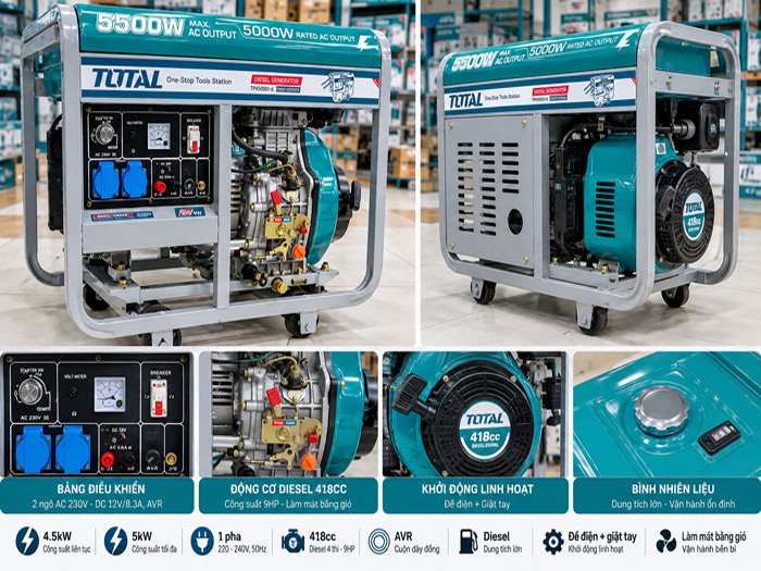 Máy phát điện Total TP450001 5kW chạy dầu